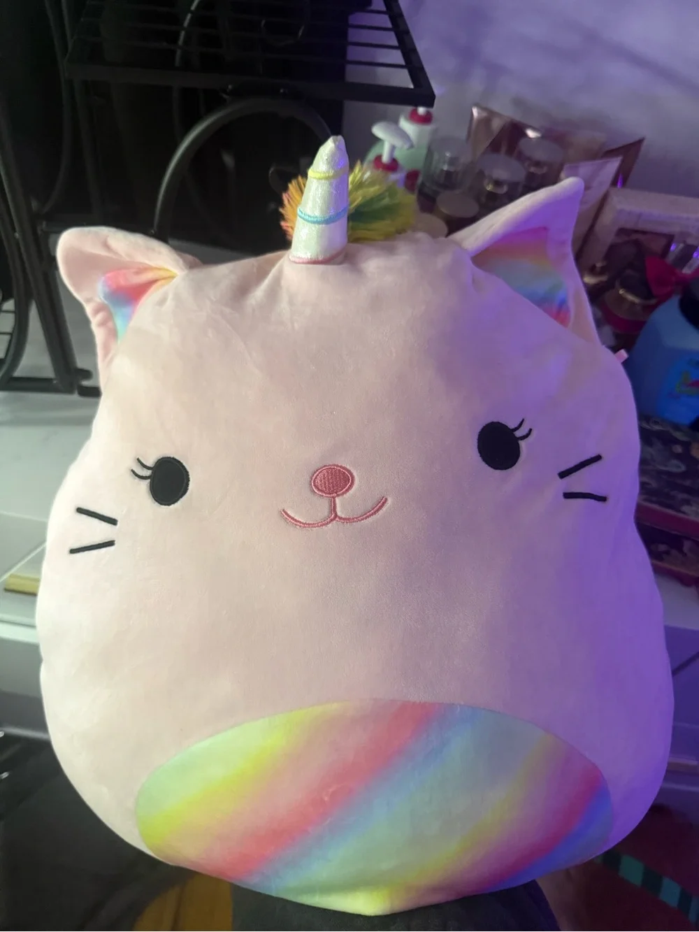 Squishmallows Pink Unicorn Cat Pillow with Rainbow Belly